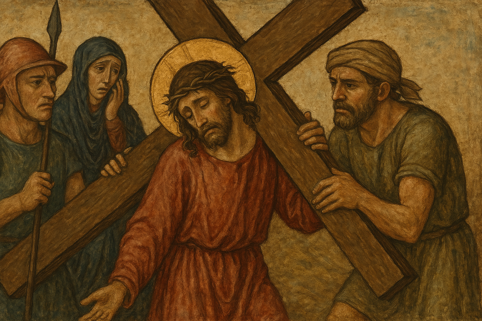 Jesús es ayudado por el cirineo a llevar la cruz